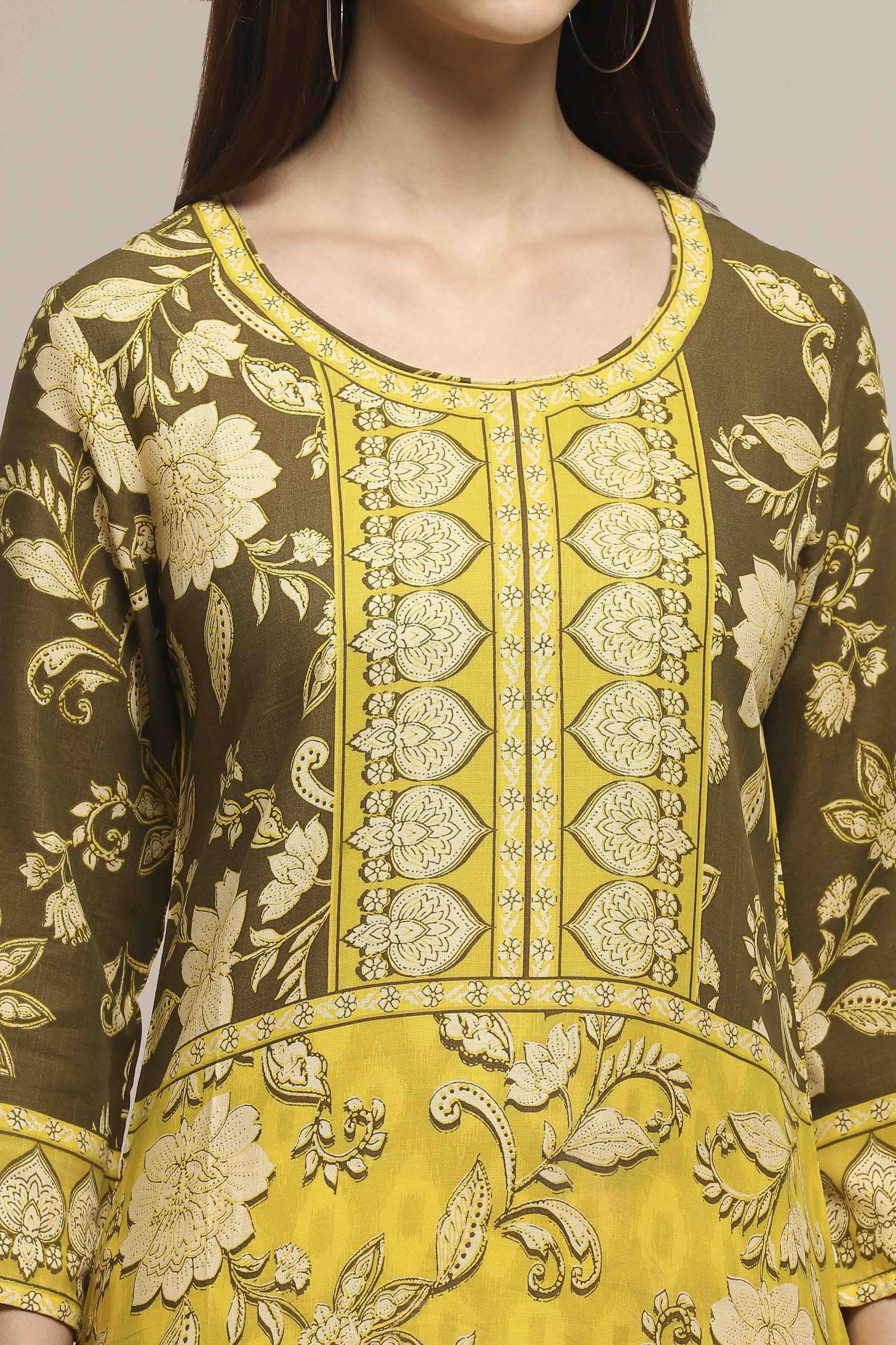 Olive Green LIVA Straight Printed Kurta image number 1