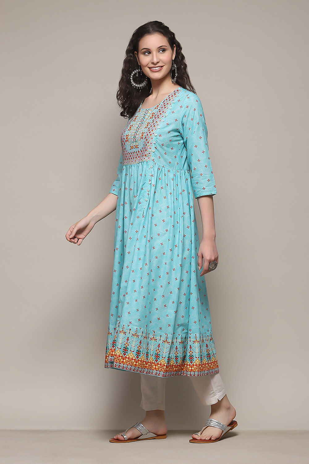 Green Cotton A-Line Printed Kurta image number 2