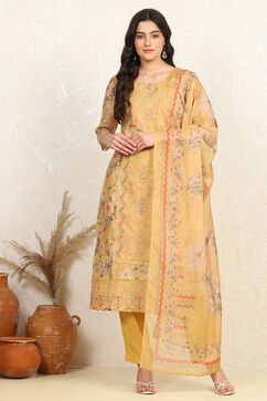 Yellow Muslin Unstitched Suit Set image number 7