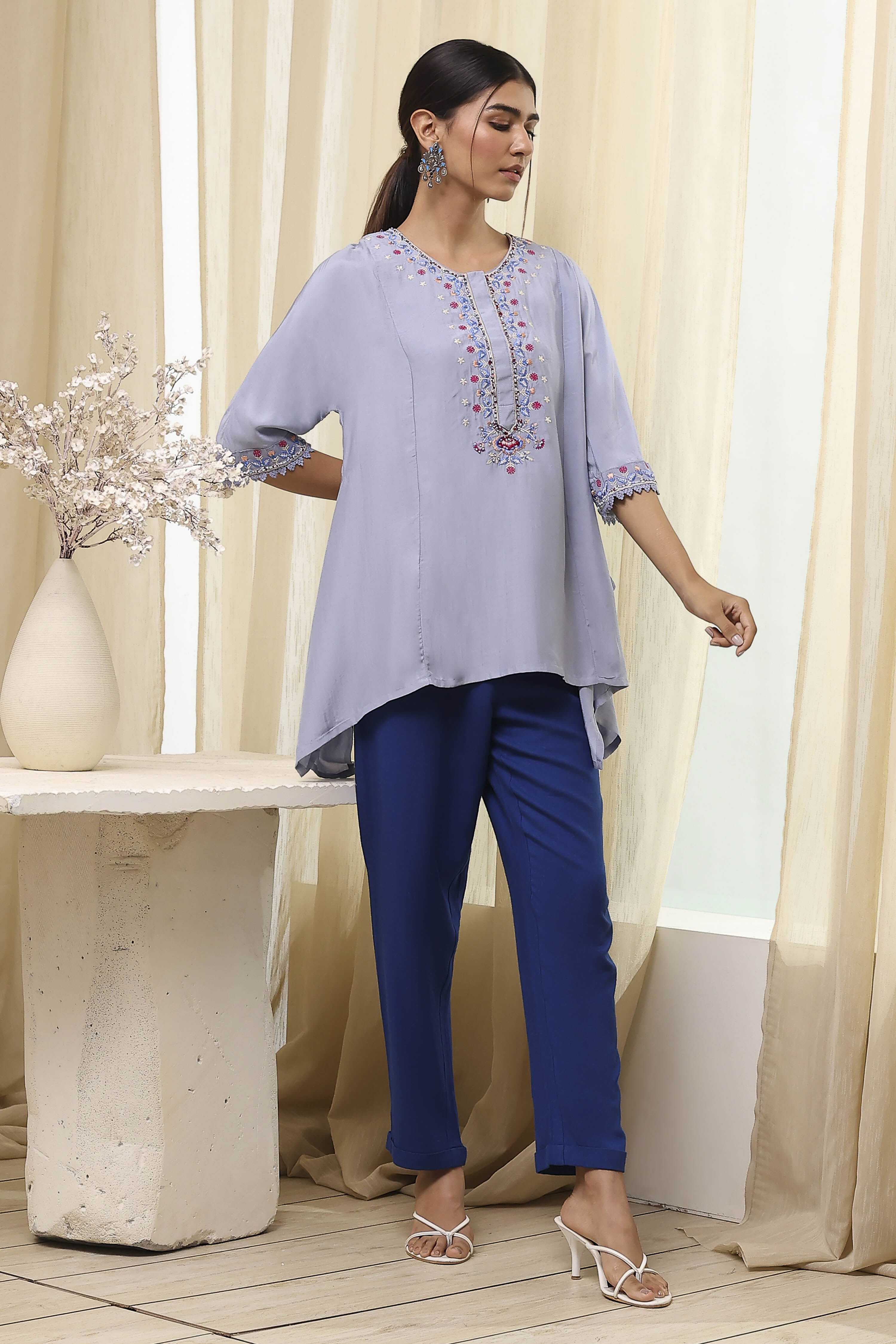 Dull Blue Modal Blend Asymmetric Short Kurta image number 4