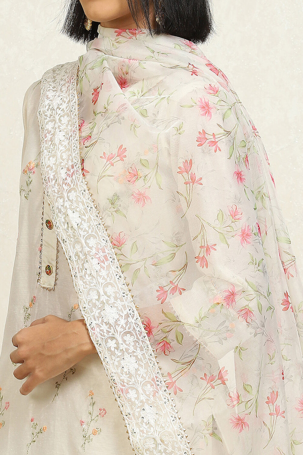Off-white Chanderi Floral Embroidered Unstitched Suit Set image number 2