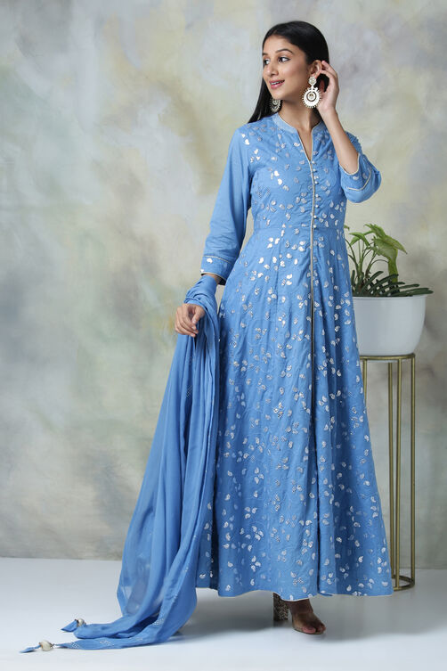 Blue Cotton Anarkali Kurta Skirt Suit Set image number 5