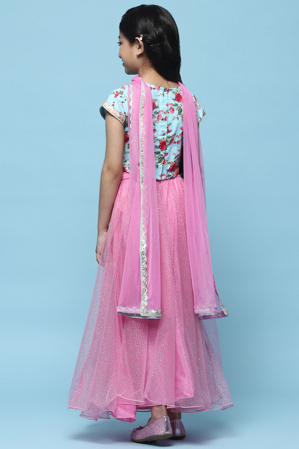 Blue Cotton Printed Blouse With Net Lehenga & Net Dupatta image number 5