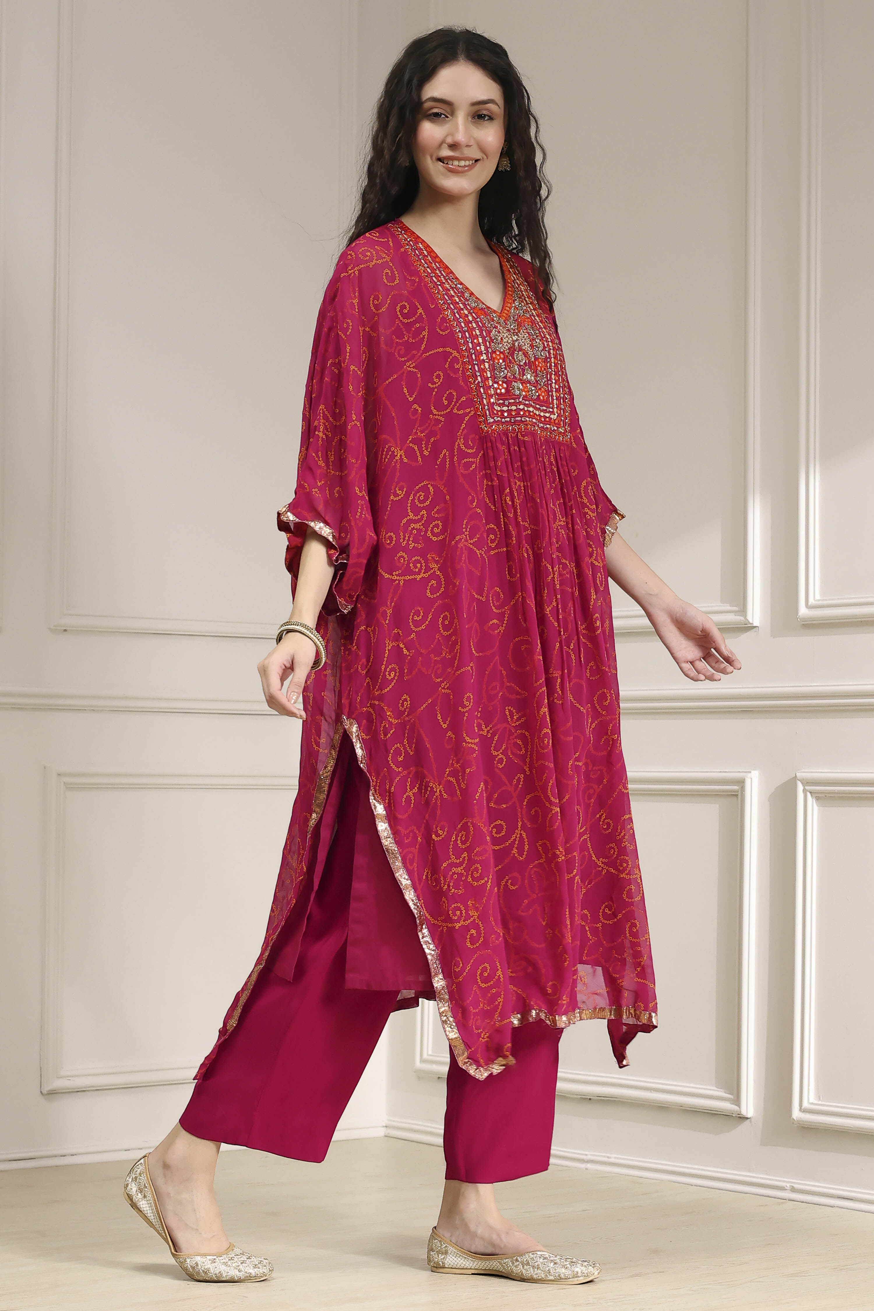 Red Printed Kaftan Style Kurta Set image number 5