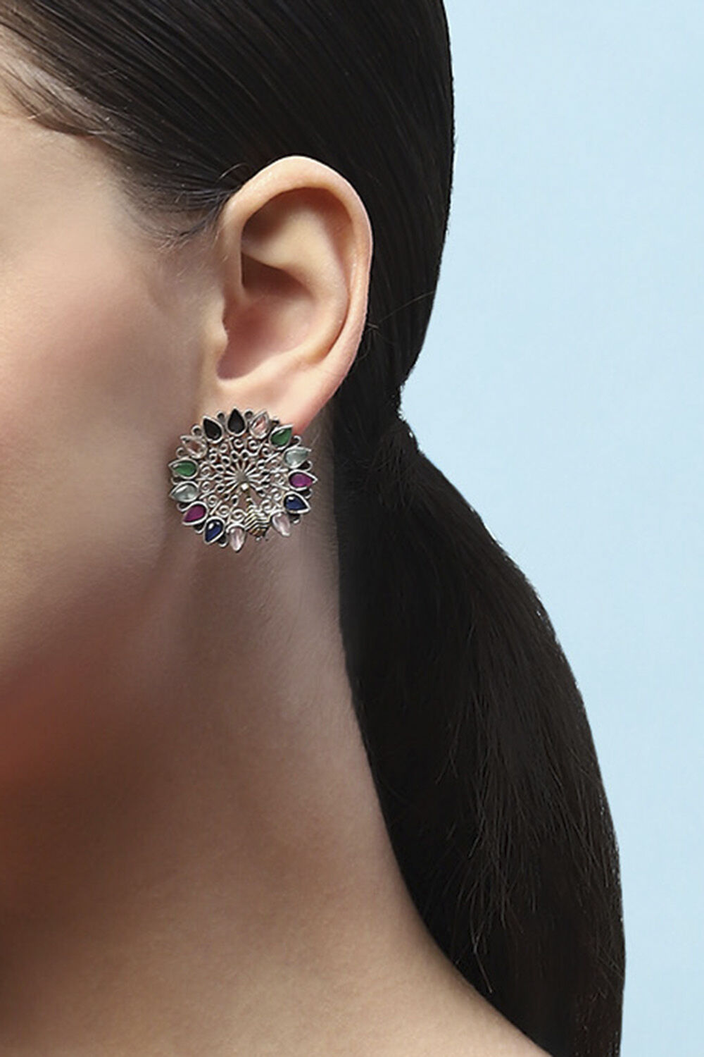 Multi-coloured Oxidised Navratan Studded Studs image number 3