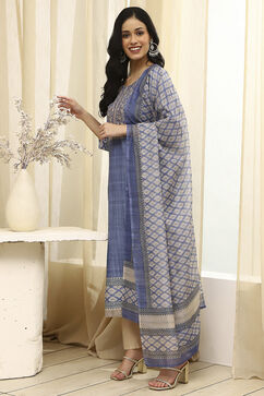 Blue Cotton Machine-Embroidered Unstitched Suit Set image number 1
