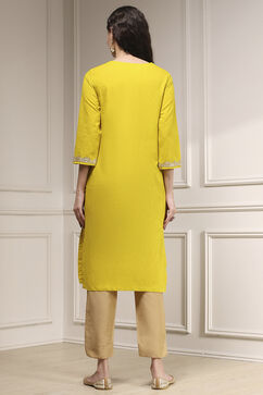 Lime Green Cotton Straight Solid Kurta image number 3