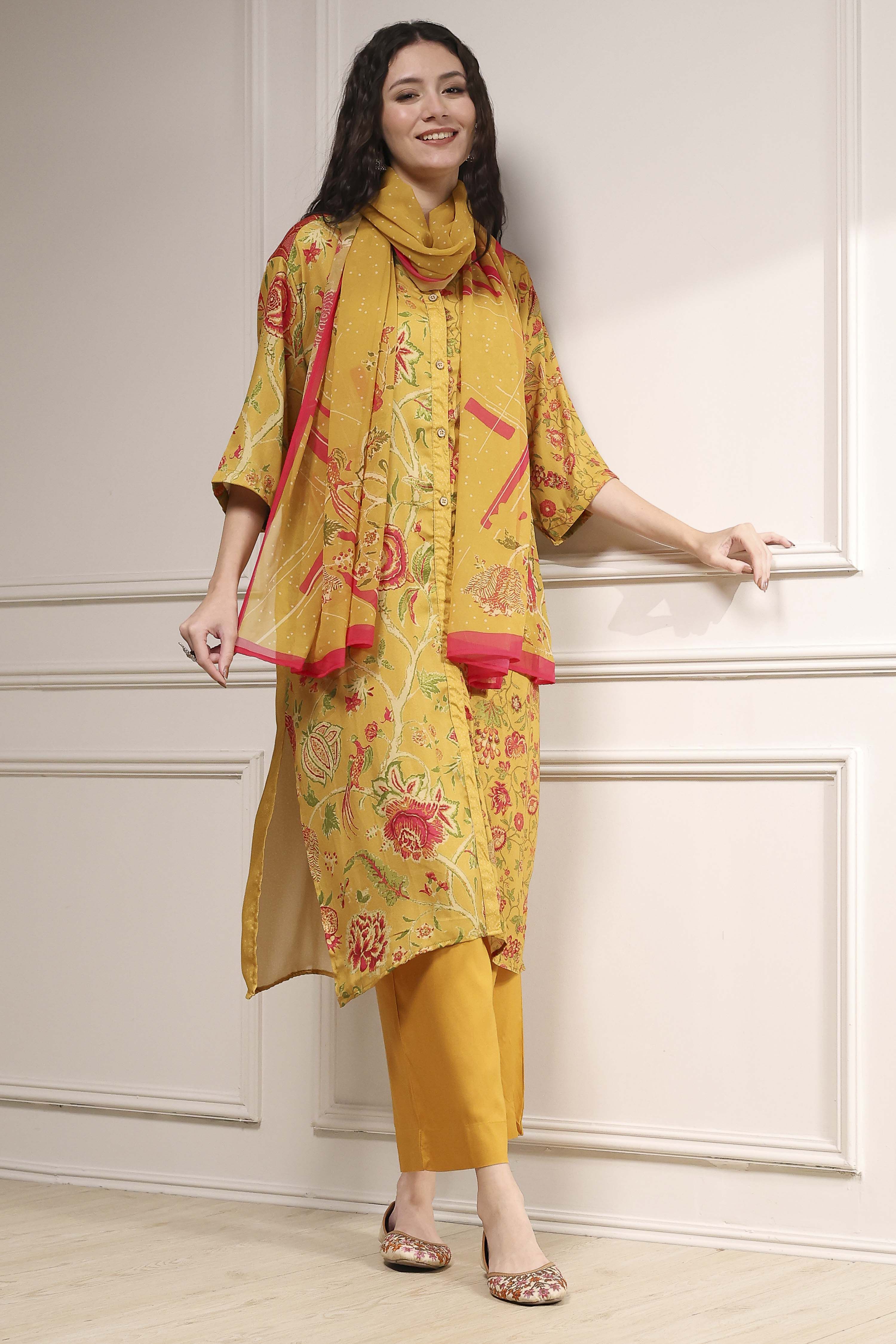 Mustard Yellow Printed Straight Suit Set image number 0
