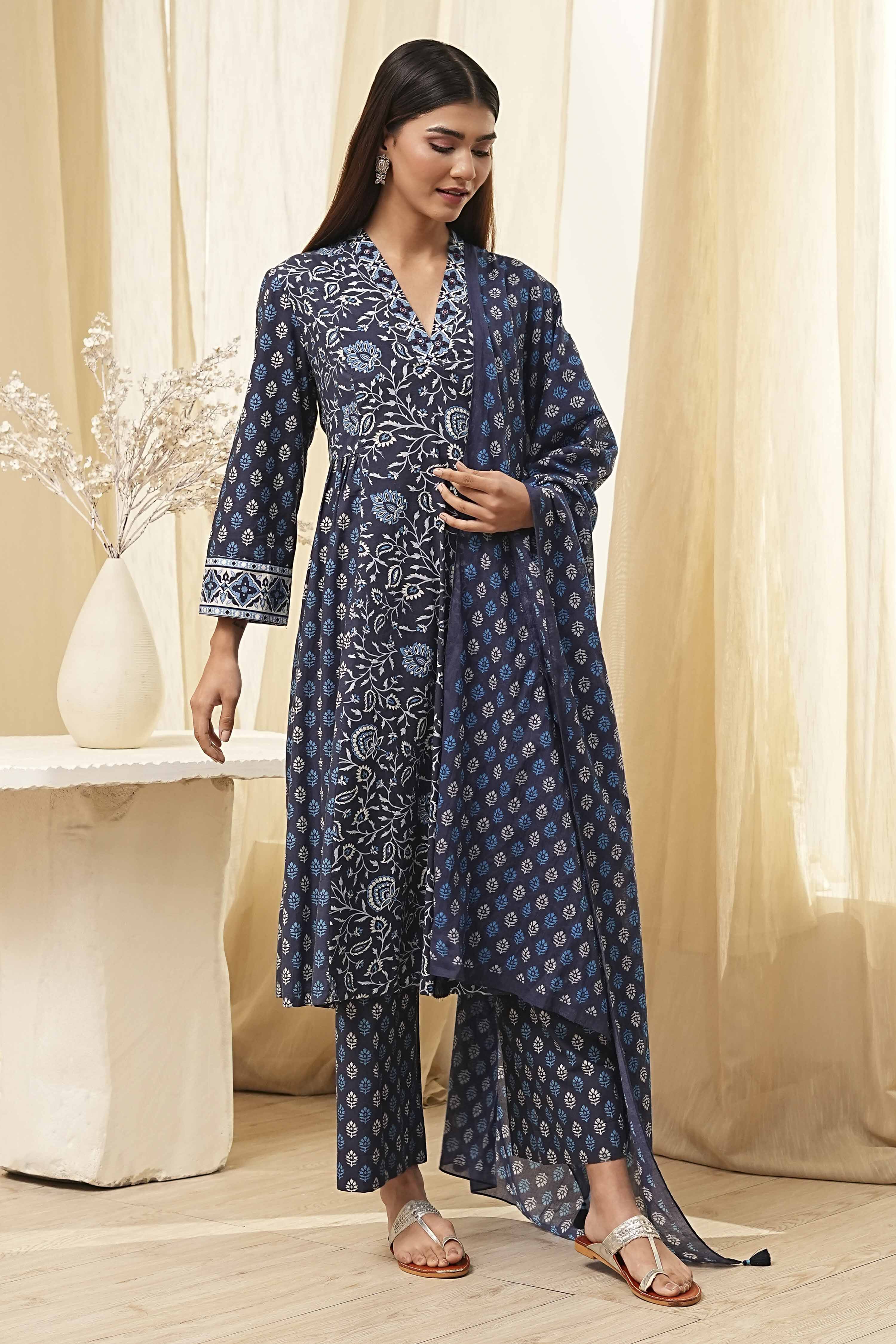 Indigo Pure Cotton Straight Suit Set image number 5