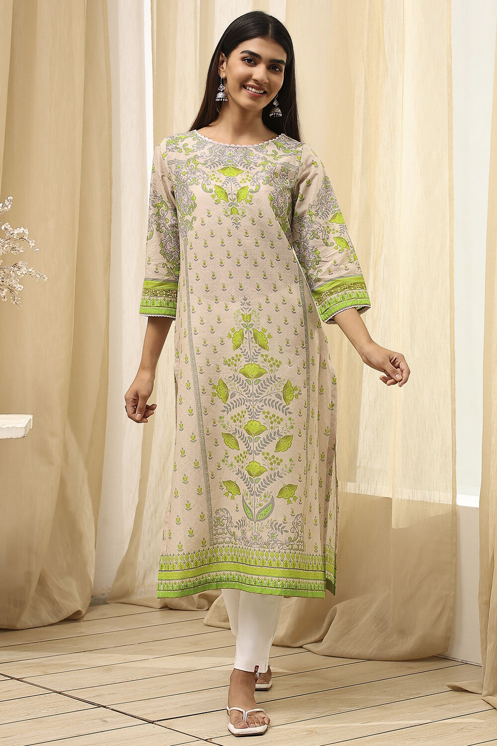 Green Cotton Printed Straight Kurta image number 5