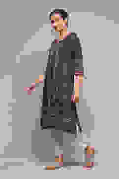 Navy LIVA Straight Printed Kurta image number 2