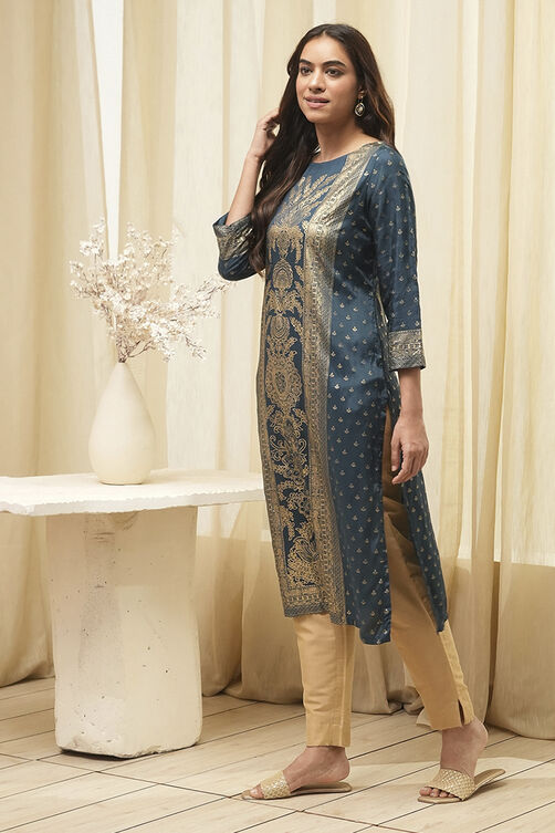 Indigo Rayon A-Line Printed Kurta image number 2