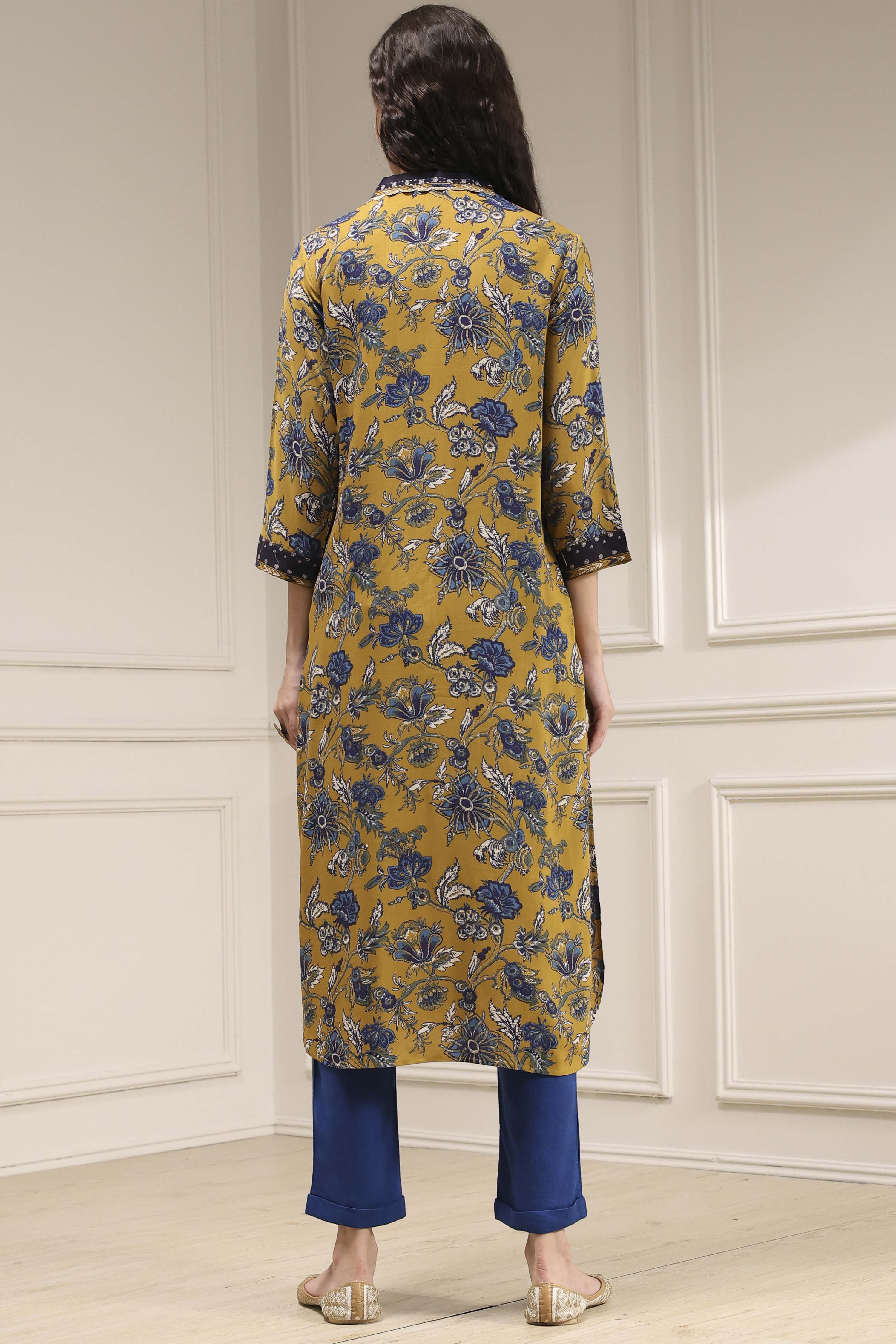 Mustard Yellow Printed Straight Kurta image number 3
