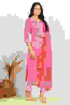 Pink Cotton Screen-Printed Unstitched Suit Set image number 6