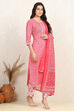 Pink Cotton Screen Print Unstitched Suit Set image number 6