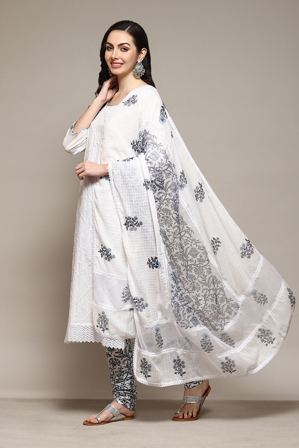 White Cotton Handloom Unstitched Suit Set image number 1