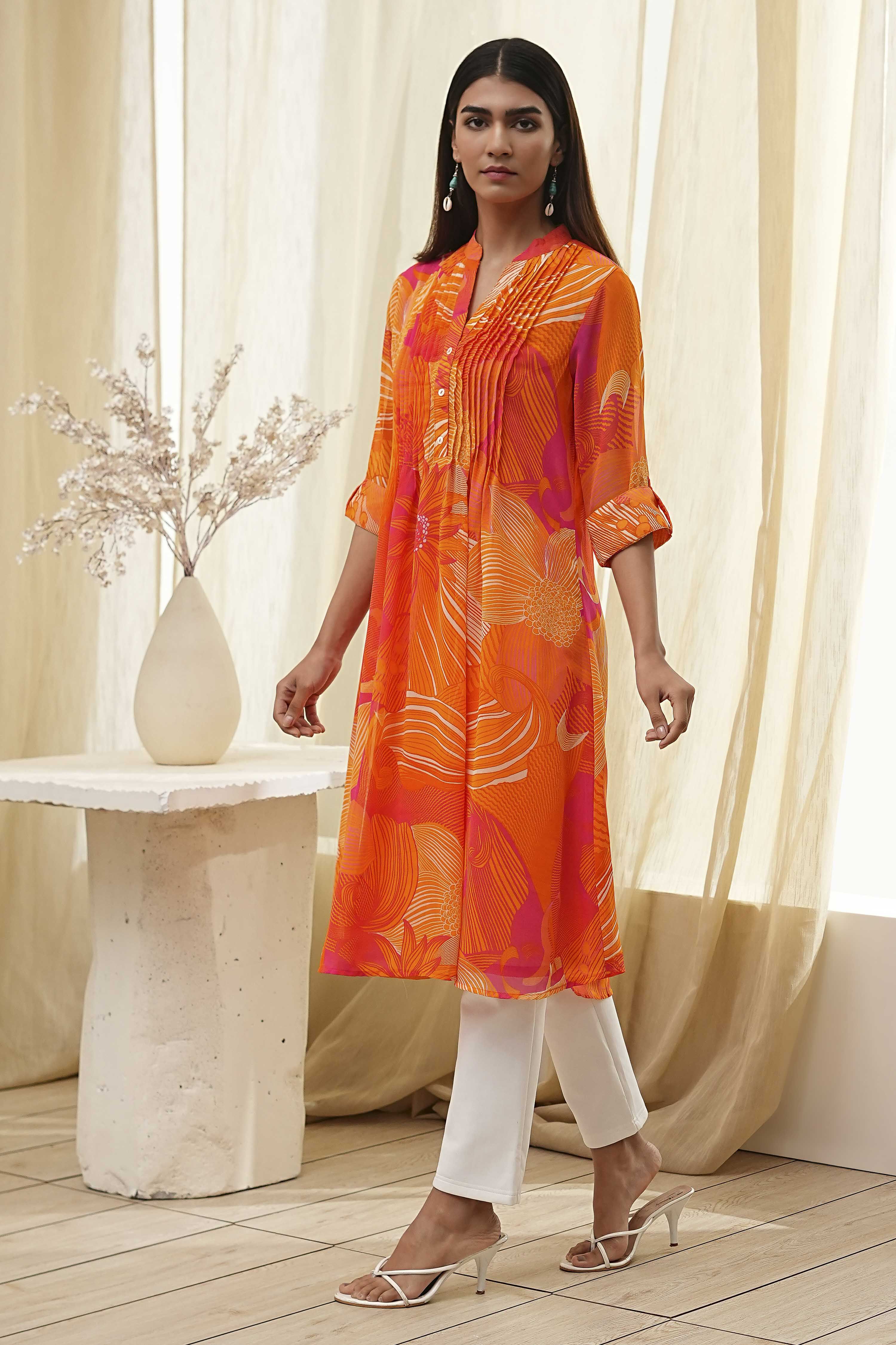 Blue Printed Pleated A-Line Kurta image number 2