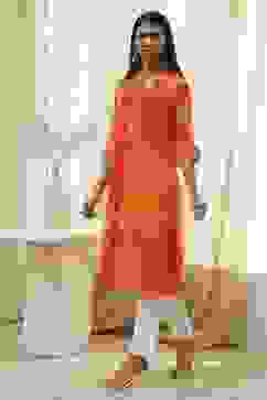 Orange Printed Pleated A-Line Kurta image number 2