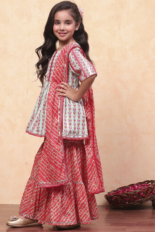 Aqua and Coral Pure Cotton Printed Peplum Suit Set image number 4