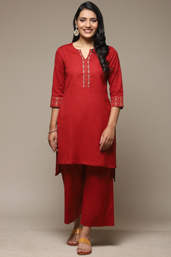 Red Cotton Blend Straight Kurta Palazzo Suit Set image number 6