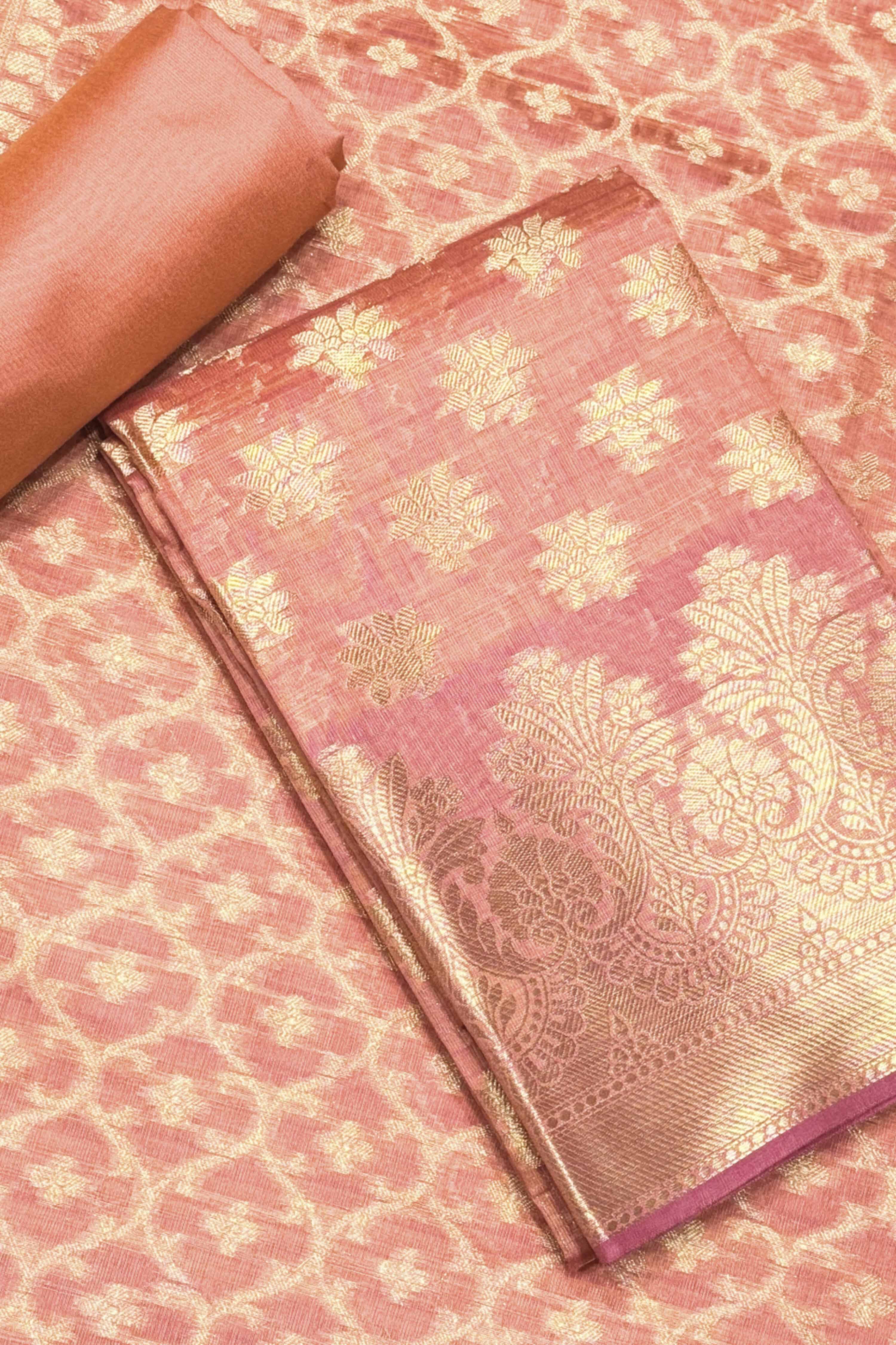 Peach Chanderi Banarsi Weave Unstitched Suit Set image number 1