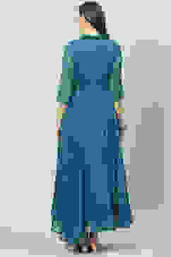 Teal Art Silk Flared Printed Dress image number 4