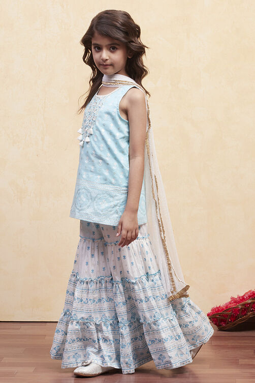Turquoise Cotton Tiered Suit Set image number 3