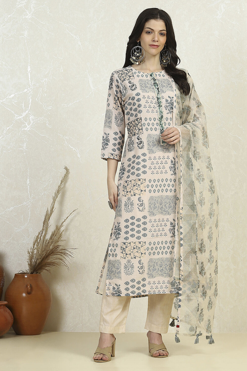 White Blue Cotton Digital Print Unstitched Suit Set image number 7
