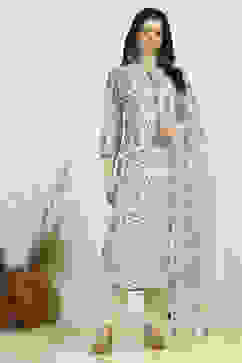 White Blue Cotton Digital Print Unstitched Suit Set image number 7