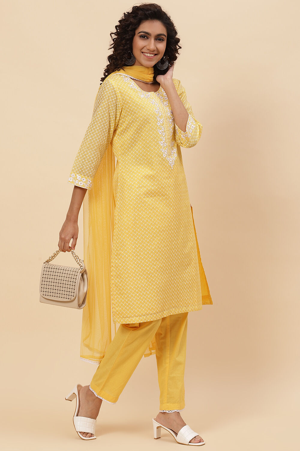 Yellow Art Silk Straight Kurta Regular Pant Suit Set image number 7