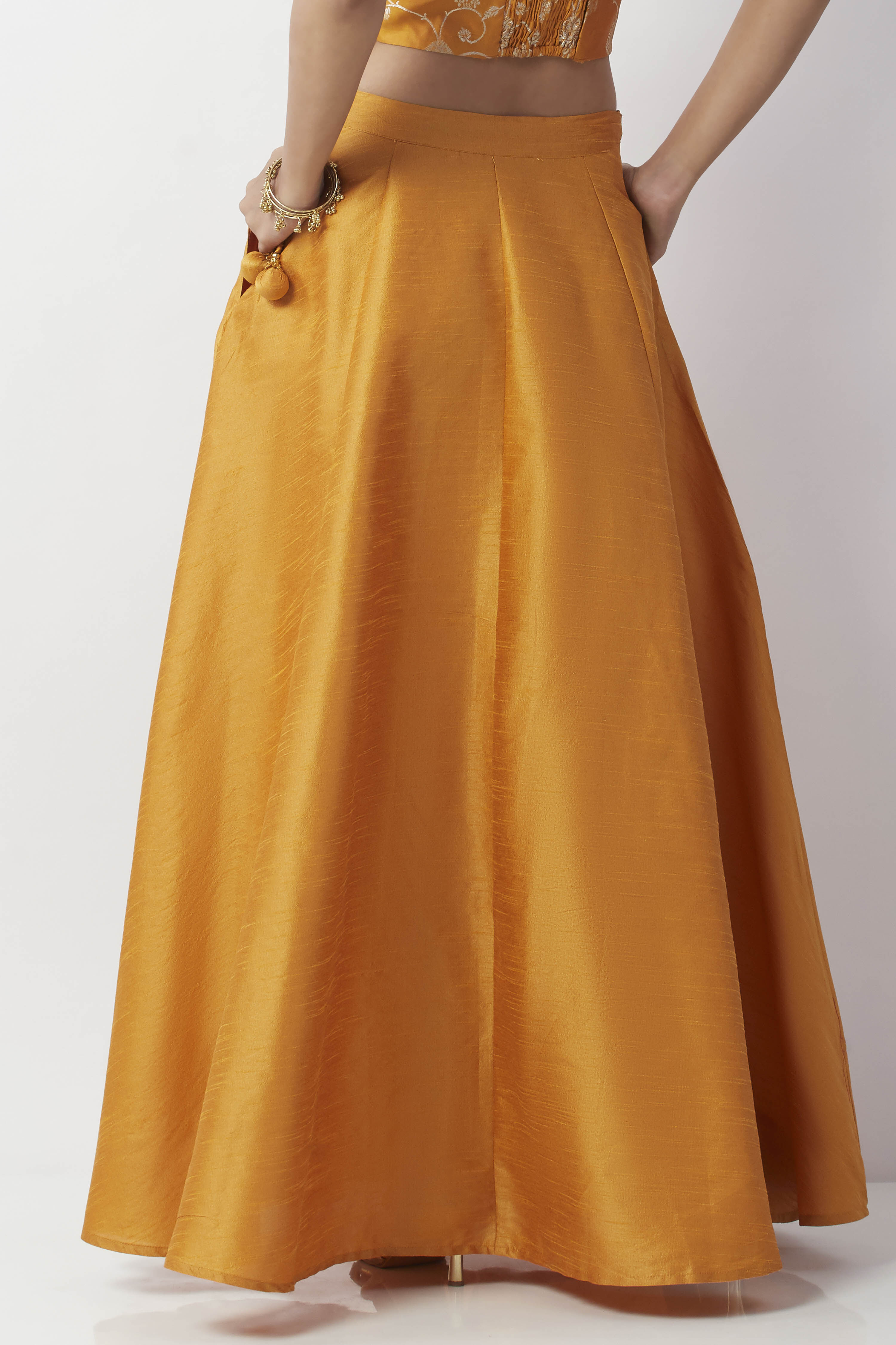 Mustard Poly Dupion Solid Flared Maxi Skirt image number 5