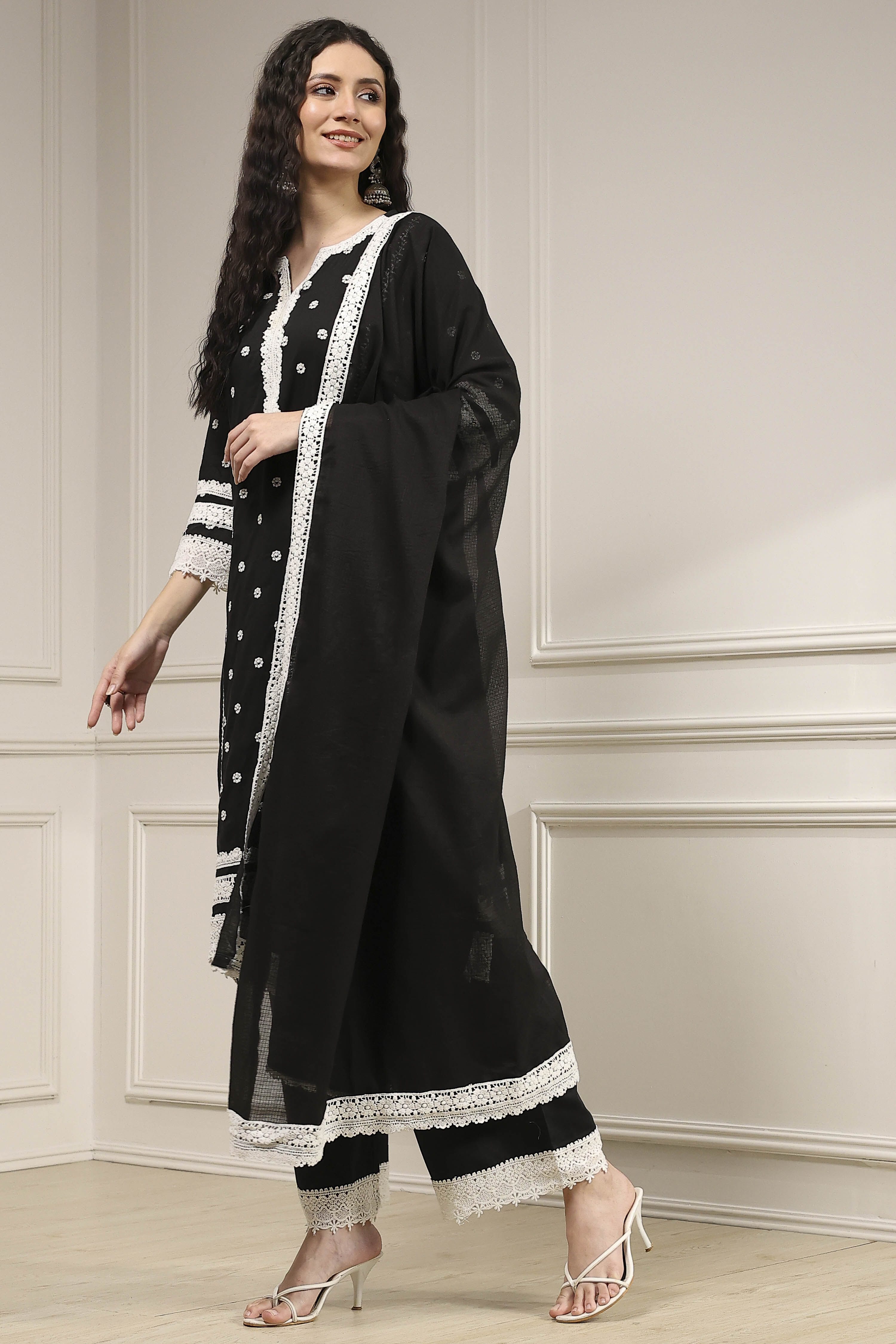 Black Chanderi Embroidered Straight Suit Set image number 3