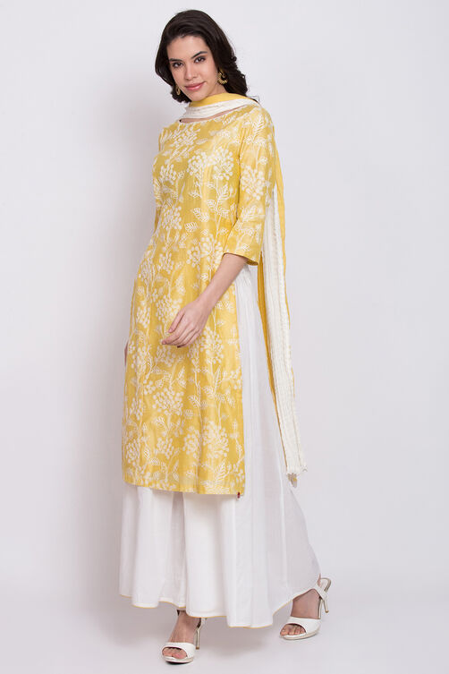 Yellow Cotton Straight Kurta Sharara Suit Set image number 2
