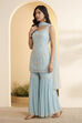 Powder Blue Nylon Embroidered Sharara Set with Net Dupatta image number 2