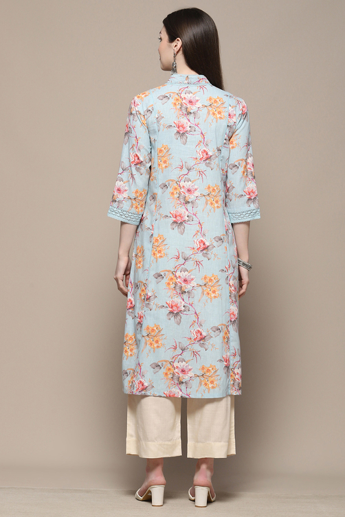 Turquoise Blue Floral Printed Straight Kurta image number 4