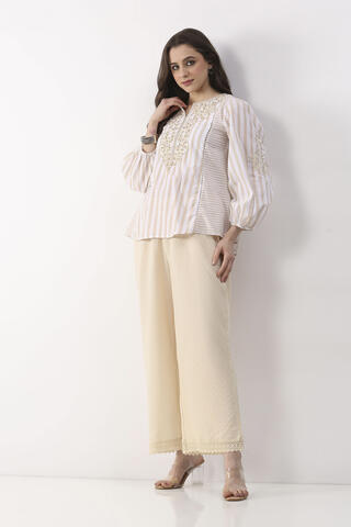 BIBA Beige Cotton Straight Palazzos 3XL in Beige