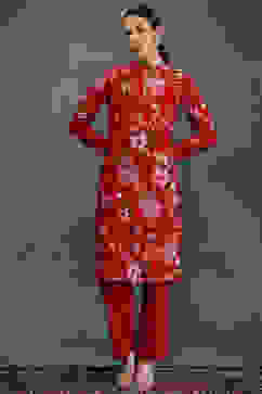 Rohit Bal Red Silk Chanderi Floral Printed Straight Kurta Set image number 6