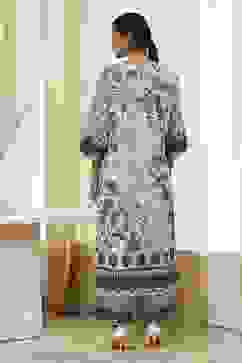 Off-White and Blue Cotton Straight Suit Set image number 4