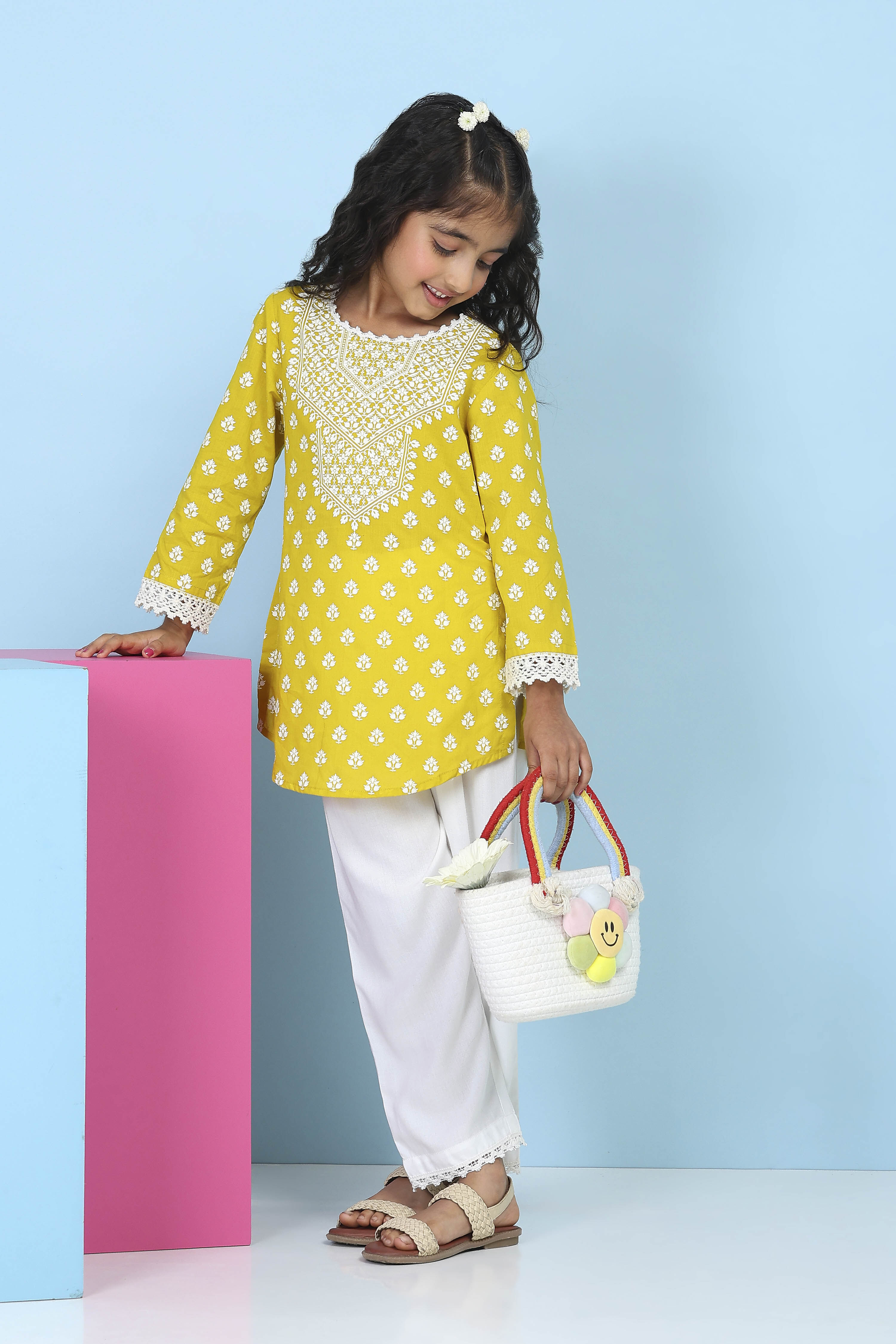 Yellow Cotton Printed Straight Suit Set image number 6