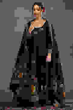 Rohit Bal Indigo Silk Chanderi Floral Anarkali Suit Set image number 6