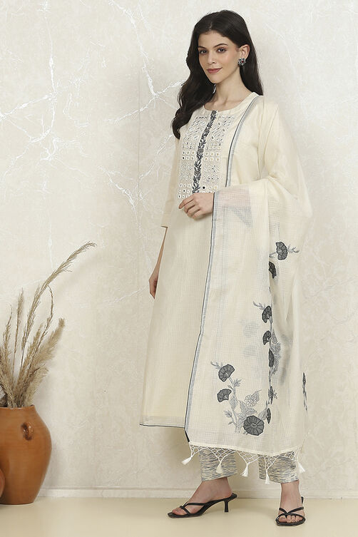 Off-White Cotton Machine Embroidered Unstitched Suit Set image number 4