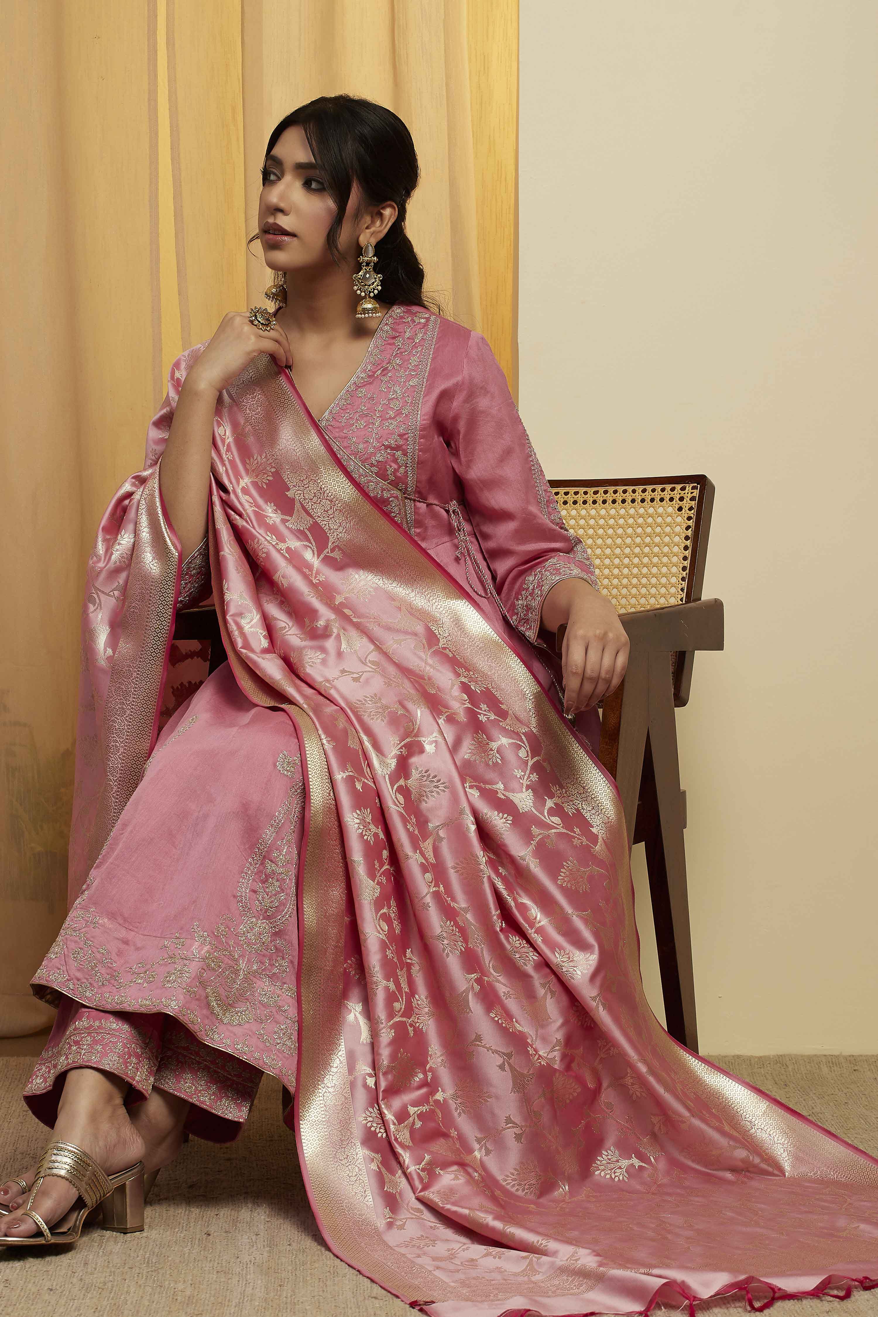 Pink Floral Design Kattan Silk Dupatta image number 0