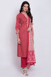Red Cotton Straight Kurta Pant Suit Set image number 3