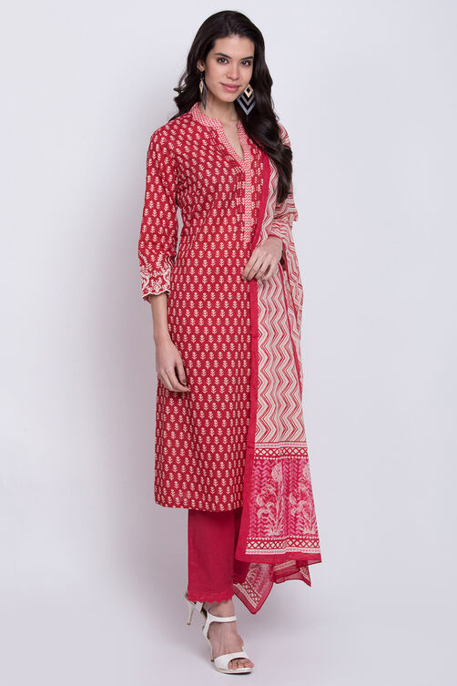 Red Cotton Straight Kurta Pant Suit Set image number 3