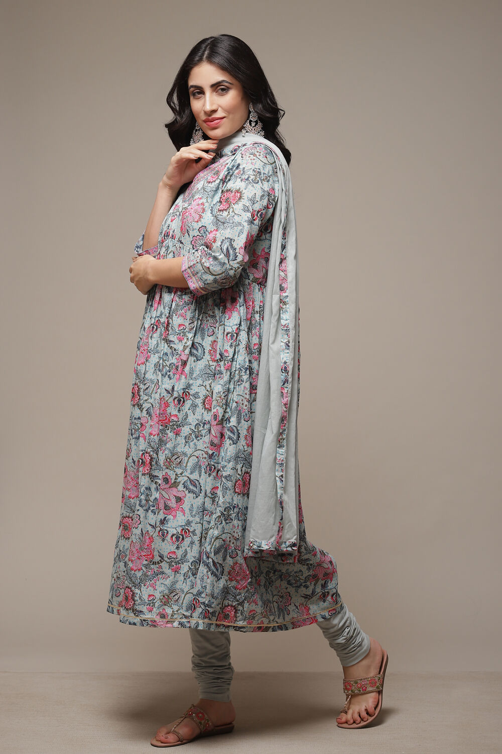 Dull Sea Blue Cotton Gathered Kurta Churidar Suit Set image number 3