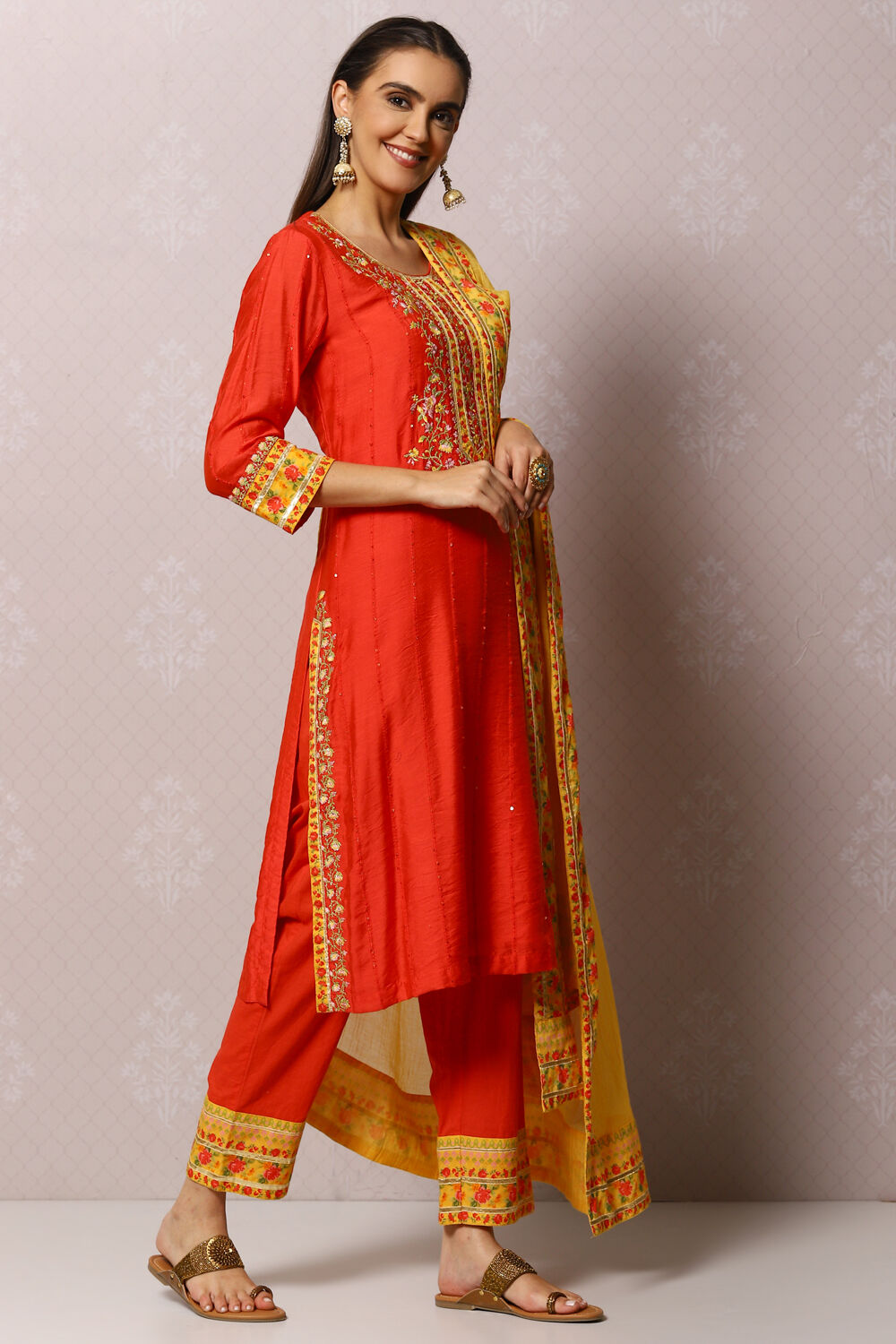 Coral Red And Yellow Cotton Viscose Straight Suit Set image number 6