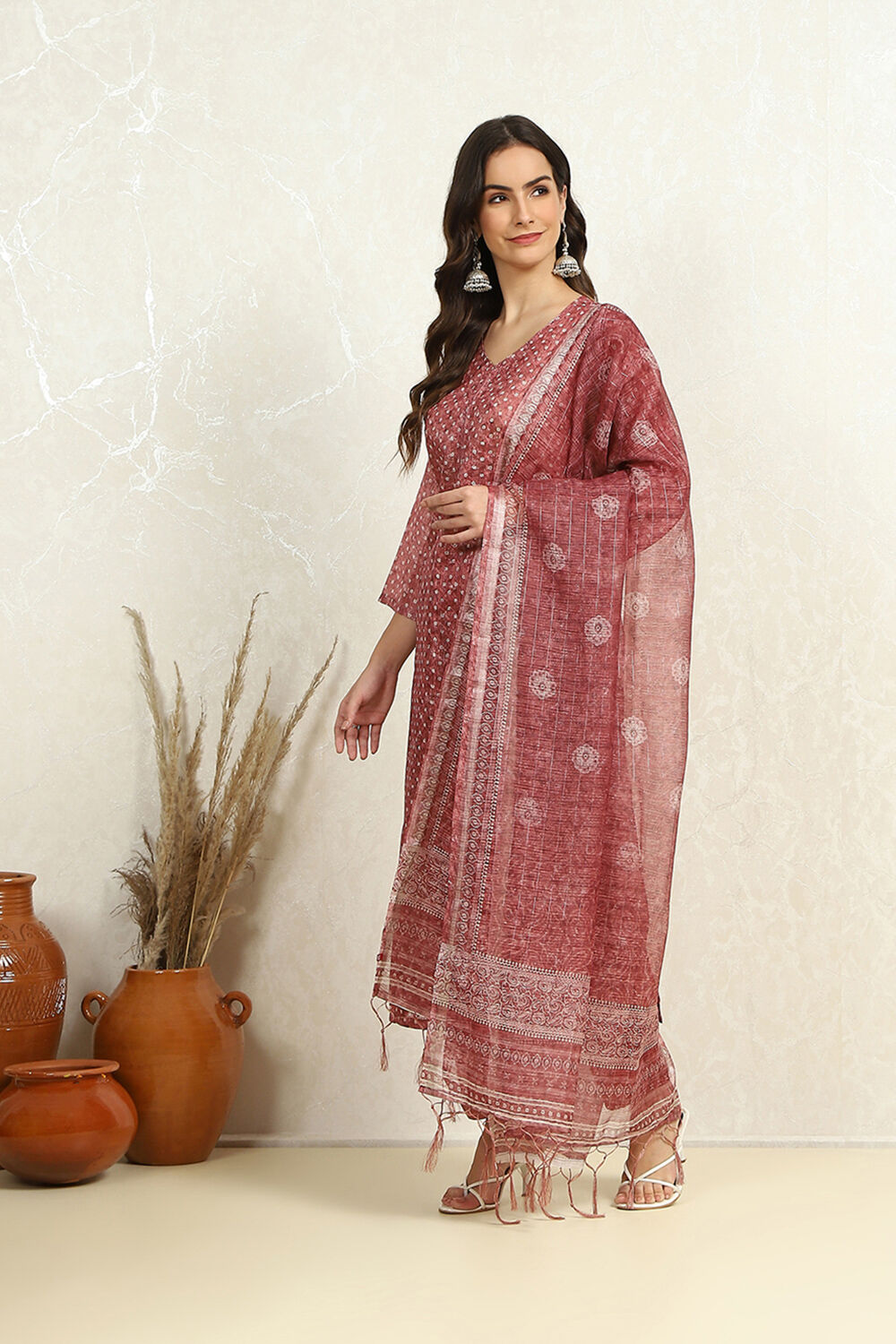 Maroon Cotton Printed Unstitched Suit Set image number 4