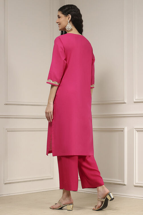 Fuchsia Cotton Straight Solid Kurta image number 4