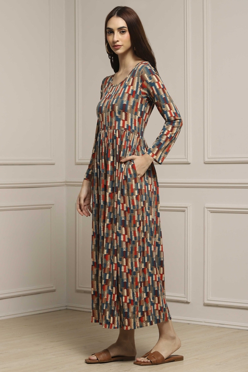 Beige & Brown Cotton Blend Flared Printed Dress image number 2