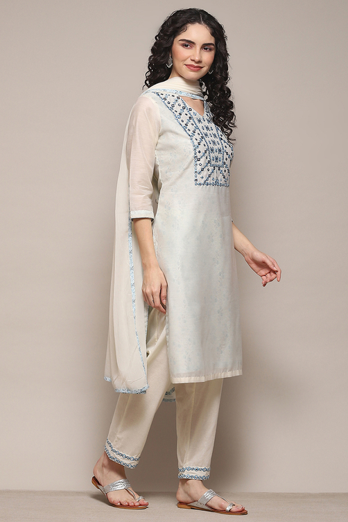 Powder Blue Cambric Narrow Kurta Pant Suit Set image number 6